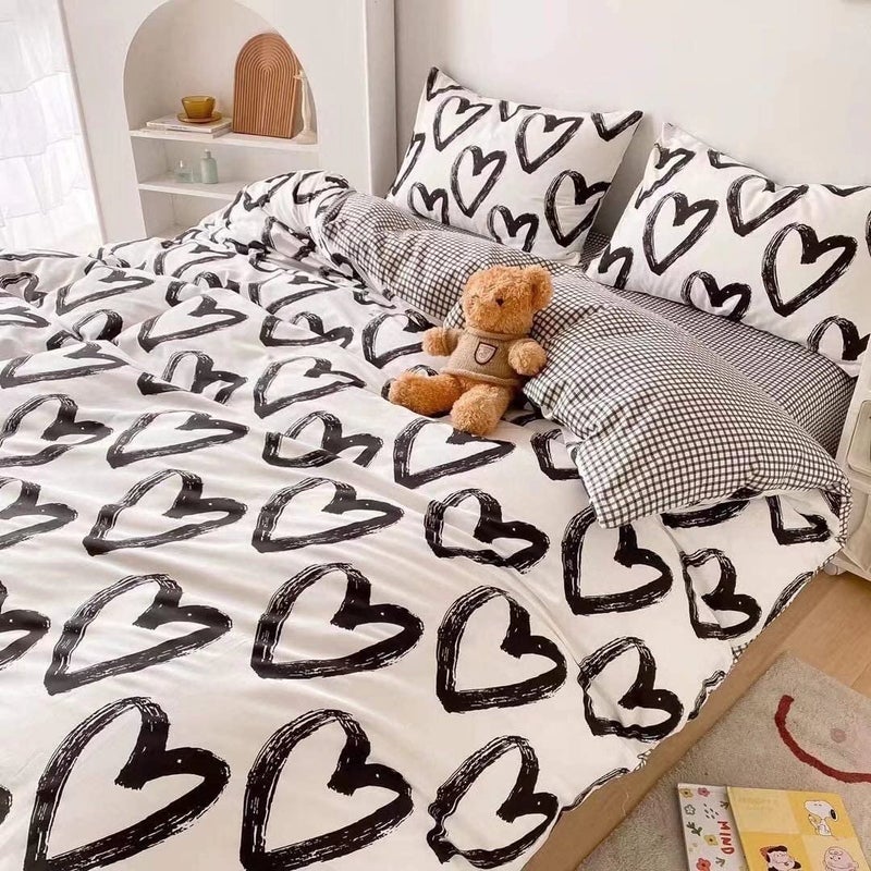 Houseri أبيض وأسود مجموعة المعزي مجموعات الفراش الحب الكامل للفتيات في سن المراهقة Kawaii كامل الحجم طقم سرير النوم على شكل قلب لطيف لحاف البطانيات كاملة - Image 4